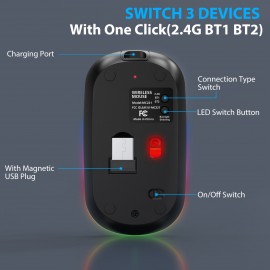 WisFox 2.4G Rechargeable Silent Wireless BT Mouse - RGB LED Ergonomic Mouse with 3 Modes (BT5.0/3.0+USB) - Perfect for Laptop, Desktop, Windows, Mac, IPad