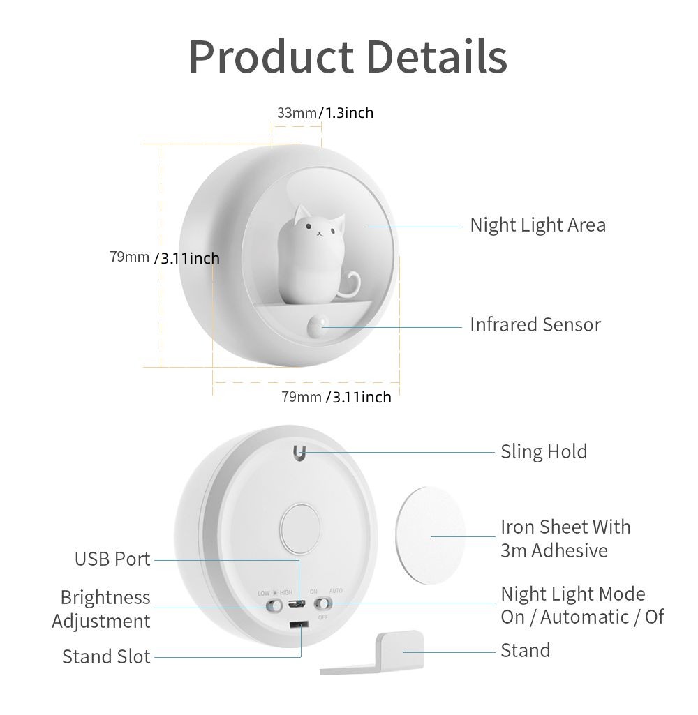 sensing lamp intelligent human body induction night light kitten induction lamp k610 for kids room kids night light for girls baby boy toddler gifts details 7