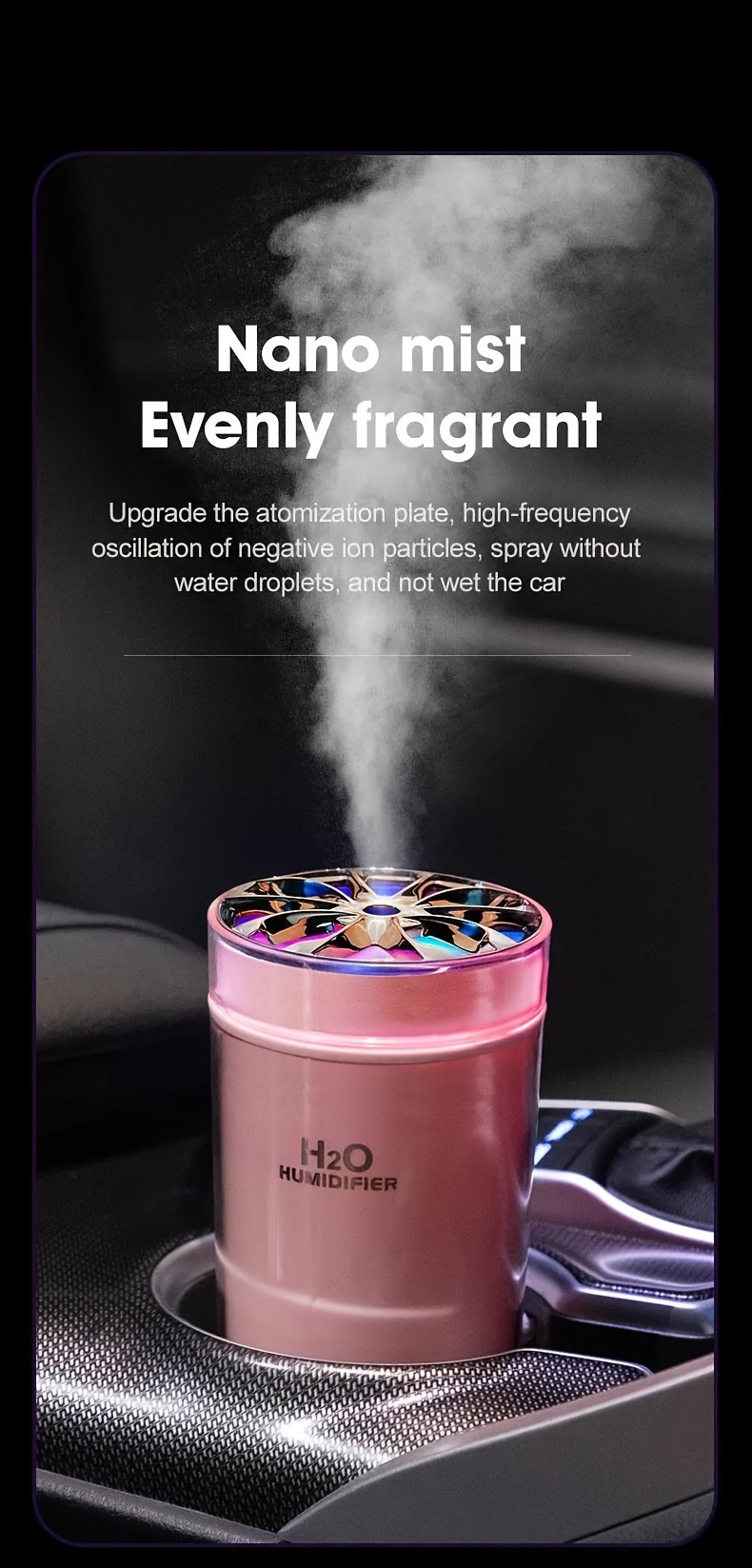 USB Desktop Humidifier, Humidifiers For Bedroom, 7 Color Ambient Light Function Vehicle Mounted Aromatherapy Machine Large Capacity Humidifier details 3