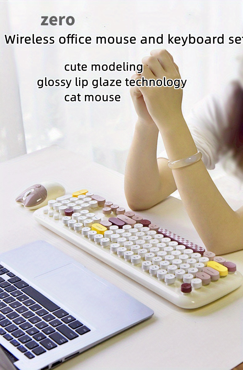 1 set cartoon cute wireless keyboard mouse for girls office computer high looking retro details 0