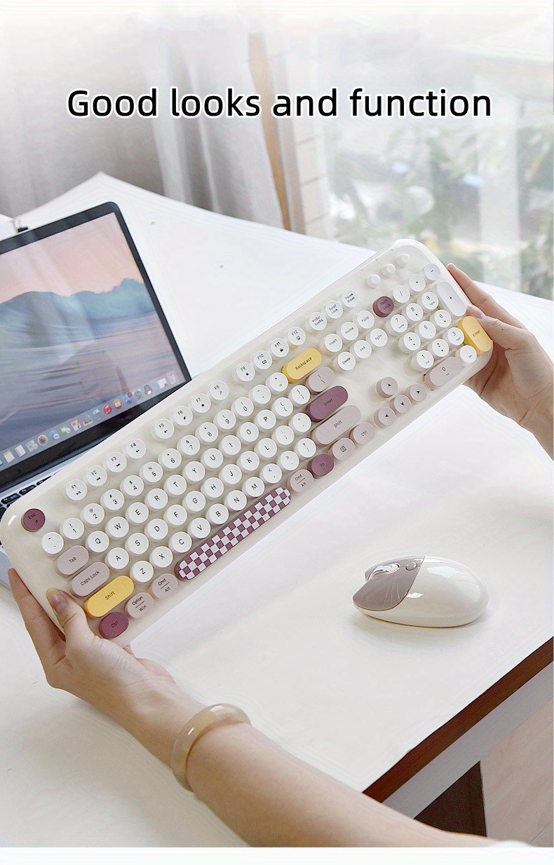 1 set cartoon cute wireless keyboard mouse for girls office computer high looking retro details 5