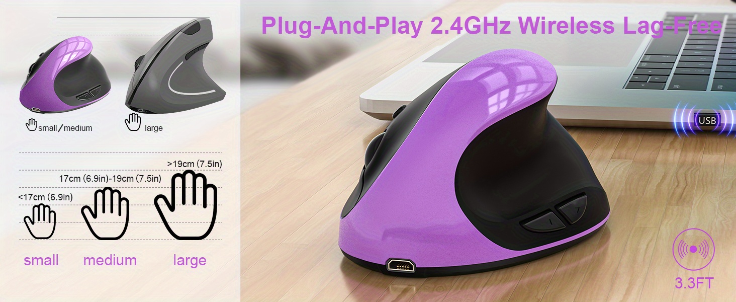 ergonomic mouse rechargeable vertical wireless mouse small right handed computer wireless mouse with 6 buttons 3 adjustable 800 1200 1600 dpi for laptop desktop pc macbook purple details 5