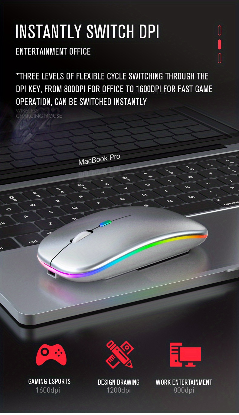 rechargeable wireless mouse with 2 4ghz usb rgb 1600dpi mouse for computer laptop tablet pc macbook gaming mouse gamer details 9