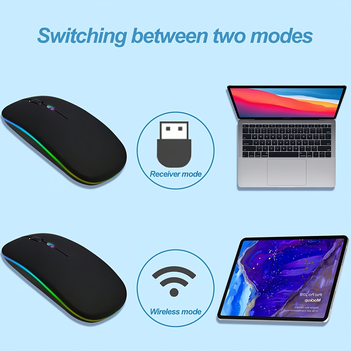 wireless mouse, dual mode wireless mouse mute office colorful rgb backlight battery model wireless mouse suitable for ipad mobile phone tablet details 3