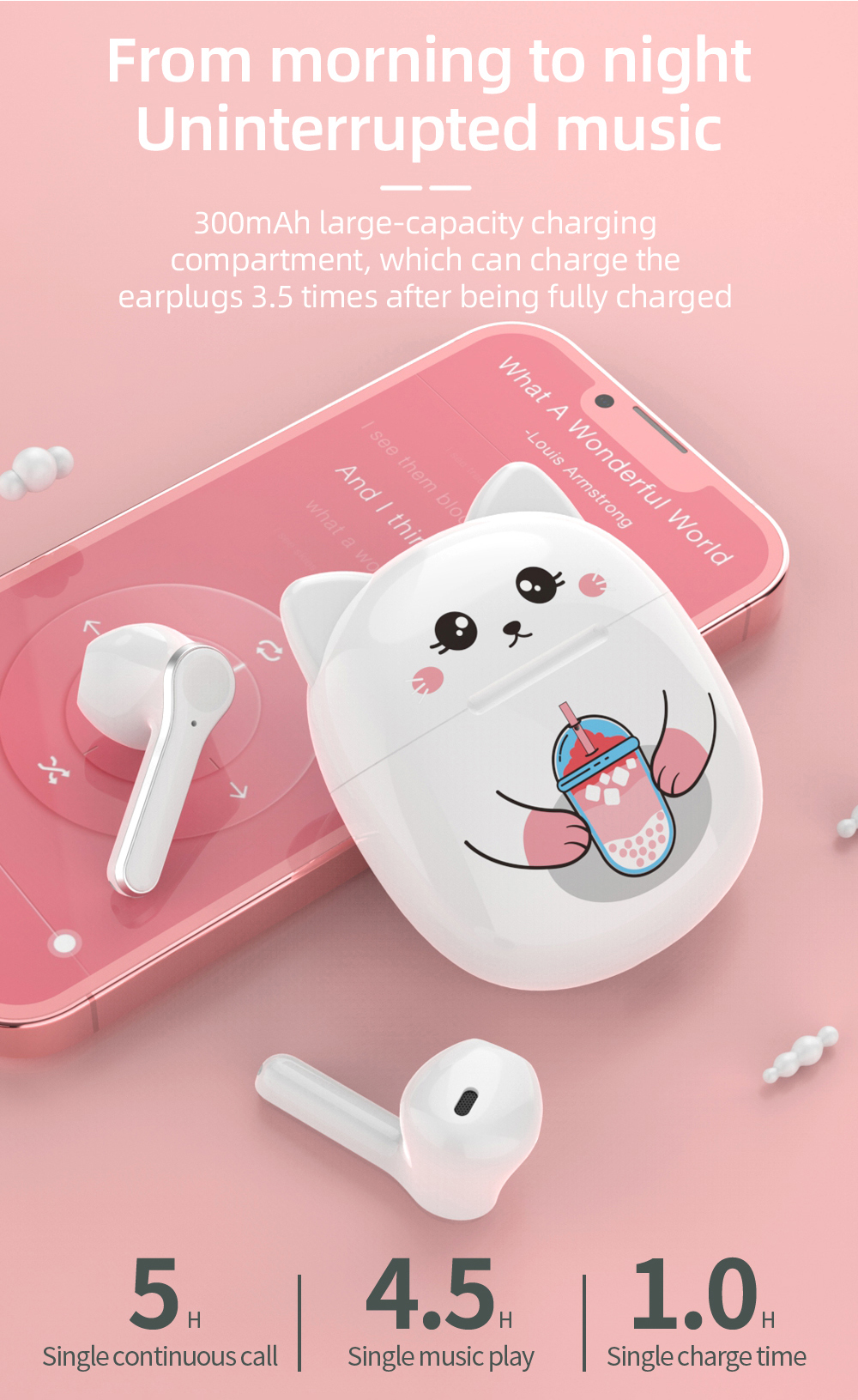 cute cat ear headphones extra long standby on ear fingerprint touch wireless headphones details 2