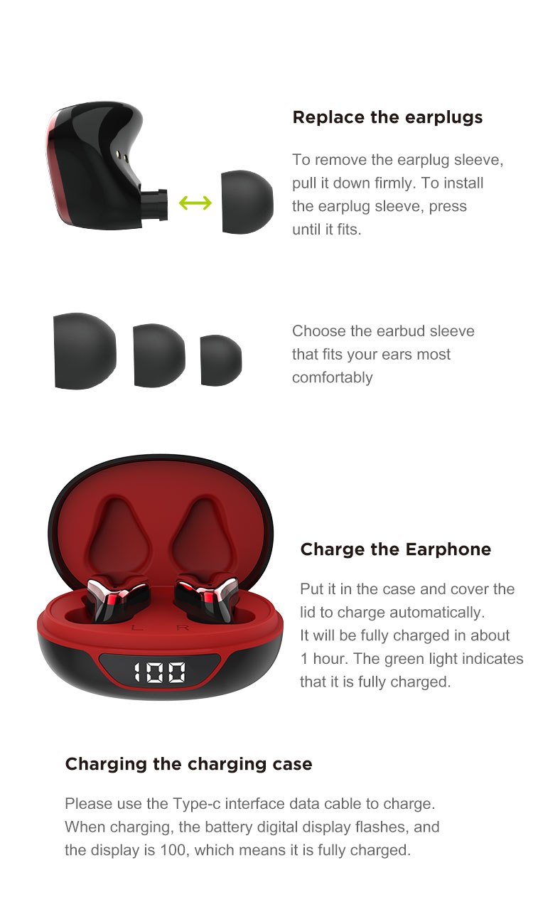 tws in ear stereo headphones led display 15m auto pairing active noise reduction ipx6 waterproof dustproof volume control voice answer summon siri wireless charging case included details 4