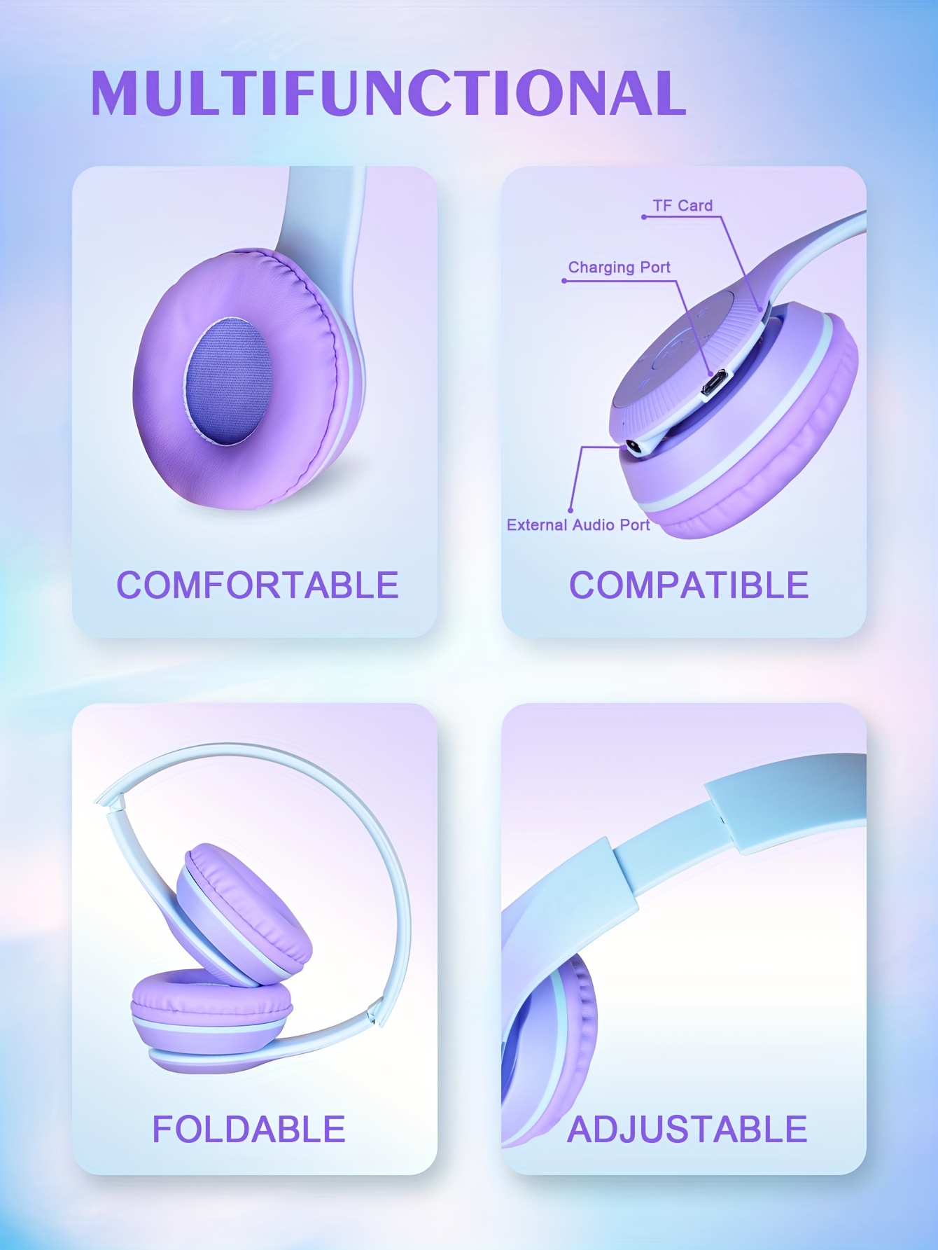 new over ear head mounted wireless headset fashionable gradient color cheap gift sweat proof mobile phone and computer fully compatible with mp3 retractable and foldable convenient storage wireless headset details 1